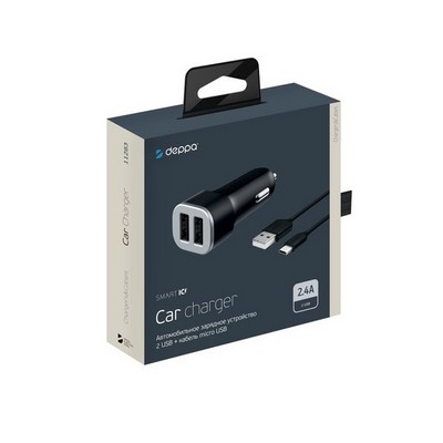 Разделитель автомобильный Deppa Car charger 2.4A D-11283, кабель microUSB 1.2m 12/24V (2USB: 5V/2.4A) Черный - фото 55200