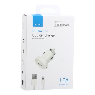 Автомобильное зарядное устройство Deppa Ultra MFI D-11250 (витой дата-кабель c разъемом 8-pin Lightning 5V 1.2A) 1.5 м Белый - фото 51002