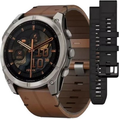 Garmin Fenix 8 51mm Amoled Sapphire Bare Titanium Black with Chestnut Leather Band + Black Silicone Band (010-02905-40) - фото 81825